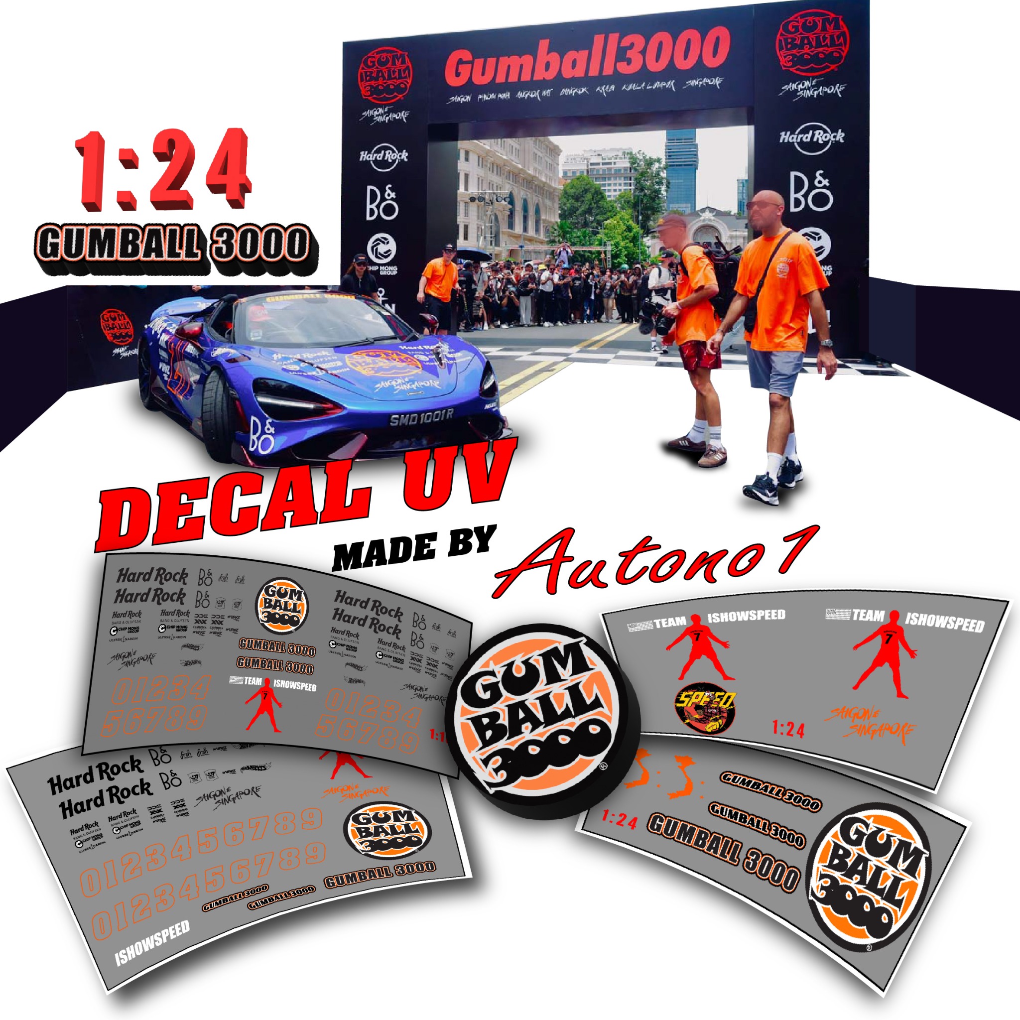  Decal UV sự kiện Gumball 3000 cho mô hình ô tô tỉ lệ 1:24 dán tất cả nền màu Autono1 DC830 