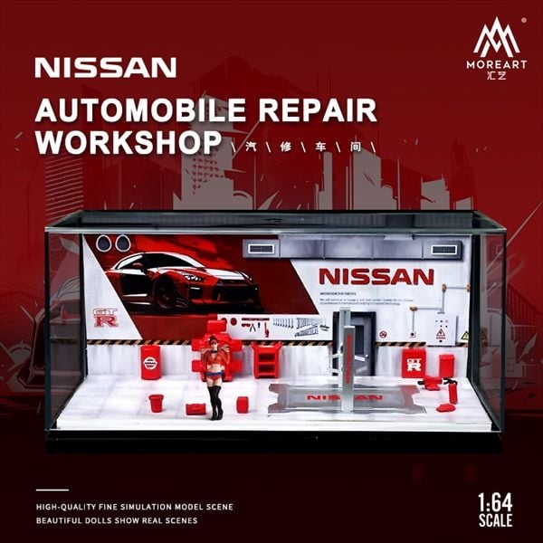 Hộp trưng bày mica xưởng sửa chữa ô tô có bàn nâng , có fig Nissan tỉ lệ 1:64 MO641077 