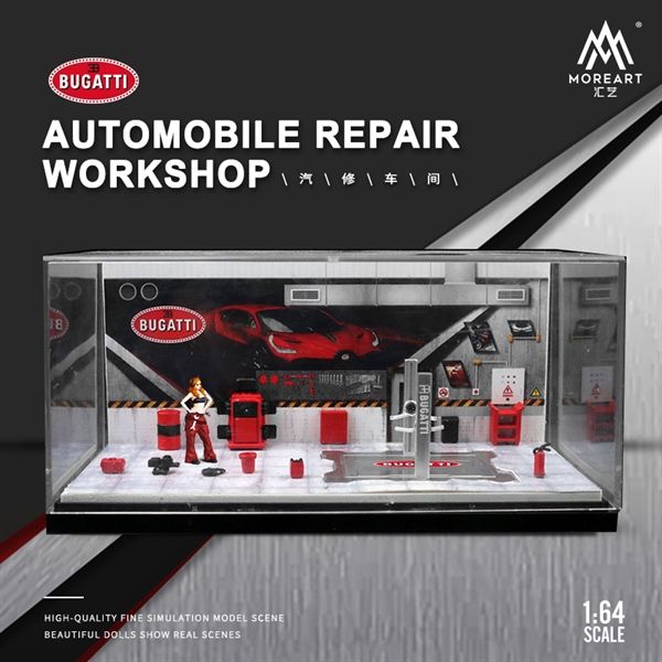  Hộp trưng bày mica xưởng sửa chữa ô tô có bàn nâng , có fig, phụ kiện Bugatti tỉ lệ 1:64 MO901207 