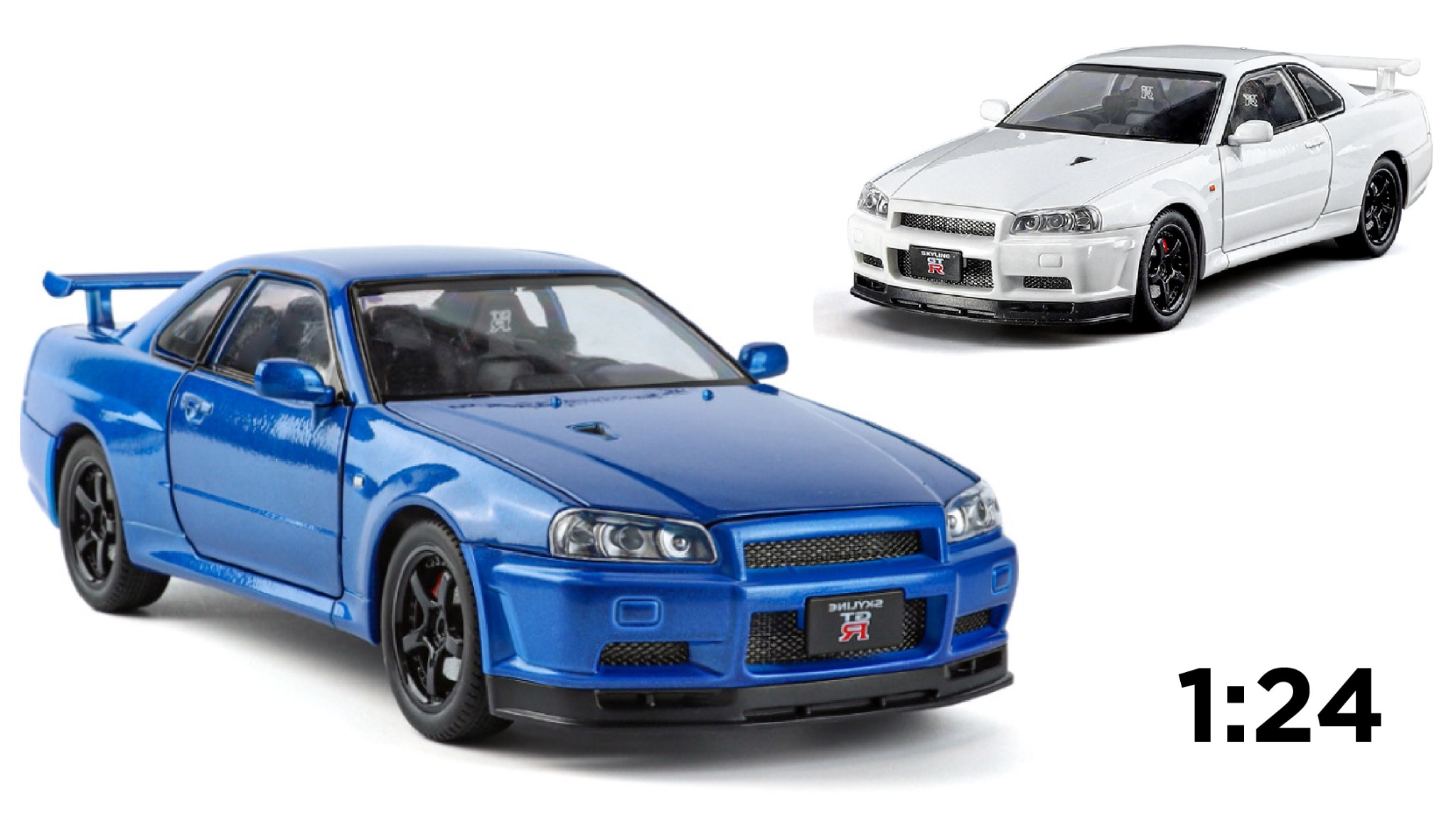  Mô hình xe ô tô Nissan Skyline GT-R R34 full open - full kính - đánh lái được - có đèn/âm thanh tỉ lệ 1:24 Jinlifang OT511 