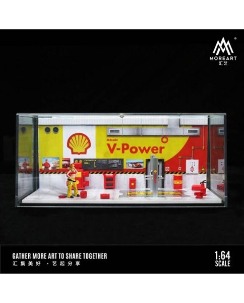  Hộp trưng bày mica xưởng sửa chữa ô tô có bàn nâng , có fig Shell V-Power tỉ lệ 1:64 MO641072 