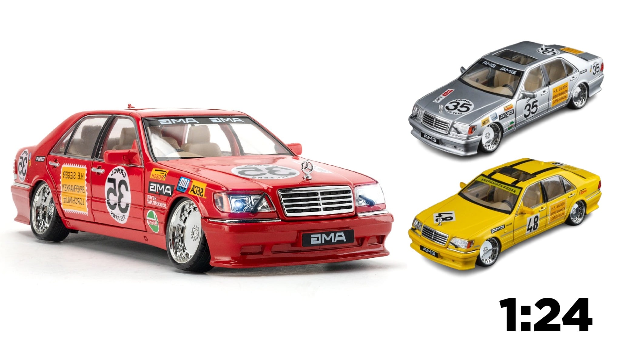  Mô hình xe Mercedes-Benz W140 - 300SEL JDM AMG race full open - full kính - có âm thanh - đèn tỉ lệ 1:24 Jinlifang OT495 