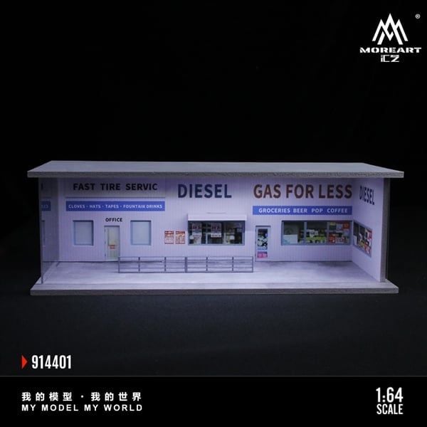  Hộp trưng bày mica mô phỏng American gas station - có đèn kích thước 30x13.3x10cm tỉ lệ 1:64 MoreArt MO914401 