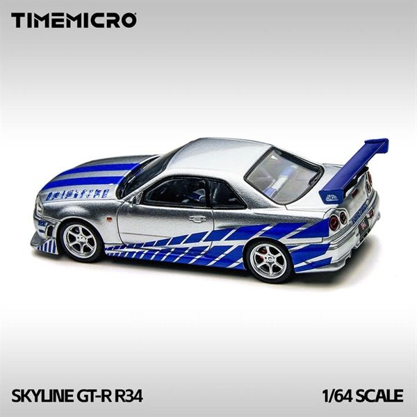  Mô hình xe Skyline GT-R R34 Silver-Blue tỉ lệ 1:64 Time Micro TM800502 