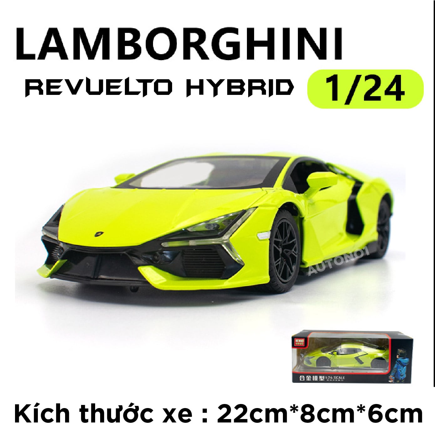  Mô hình xe Lamborghini Revuelto Hybrid có đèn phun khói ở full cửa tỉ lệ 1:24 Newao XA2415 