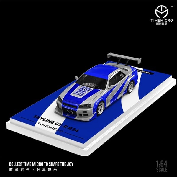  Mô hình xe Nissan SKYLINE GT-R R34 Blue Sliver tỉ lệ 1:64 Time Micro TM800501 