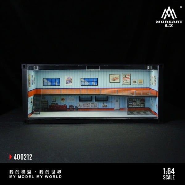  Hộp trưng bày container mô phỏng Garage custom gulf blue orange có tầng - có đèn 38.7x16x16.5cm tỉ lệ 1:64 MoreArt MO400212 