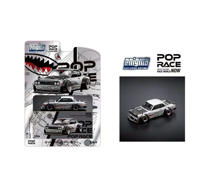  Mô hình xe Nissan Skyline GT-R V8 Drift (Hakosuka) Metallic Silver bản card tỉ lệ 1:64 POPRACE x Enigma PRE005 