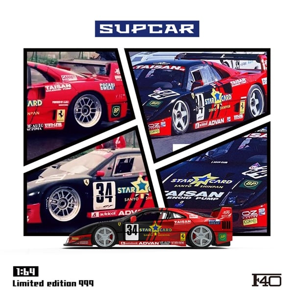  Mô hình xe Ferrari F40 STAR CARD TAISAN SANTO SHINPAN black/red #34 tỉ lệ 1:64 Supcar SC64036 