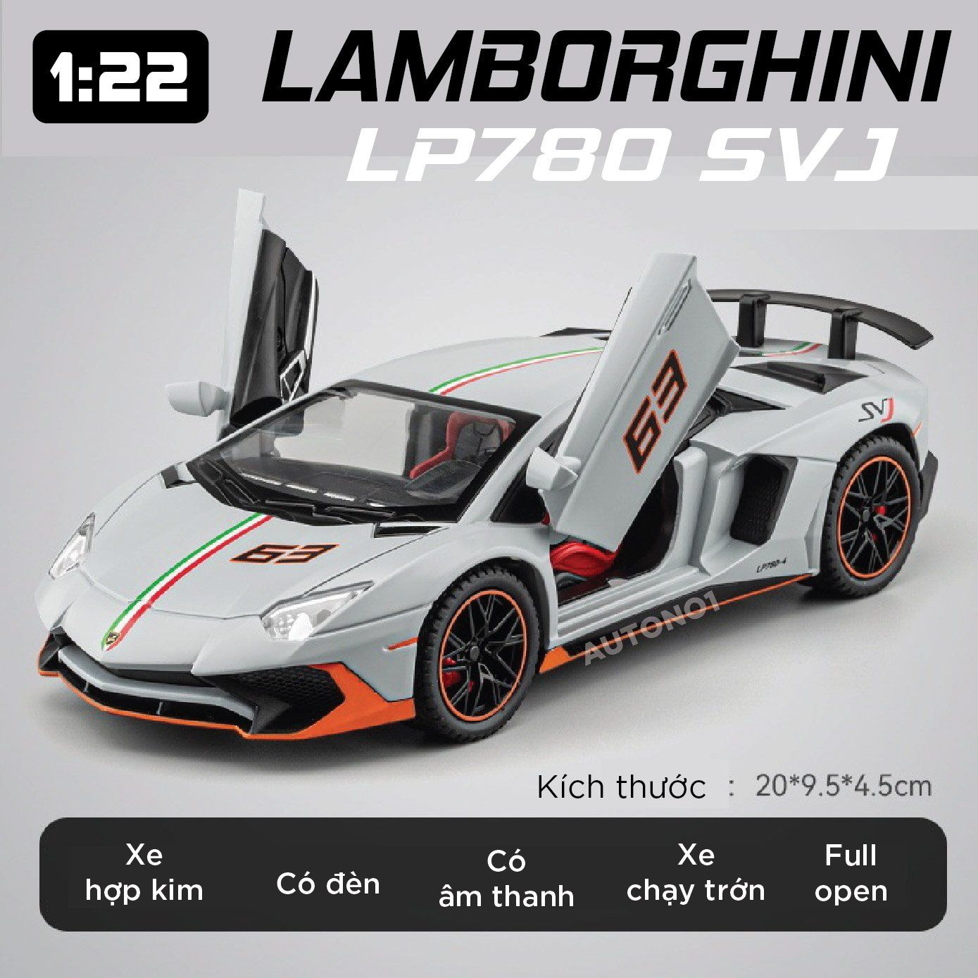  Mô hình xe Lamborghini LP780 Svj tỉ lệ 1:22 Alloy Model OT424 