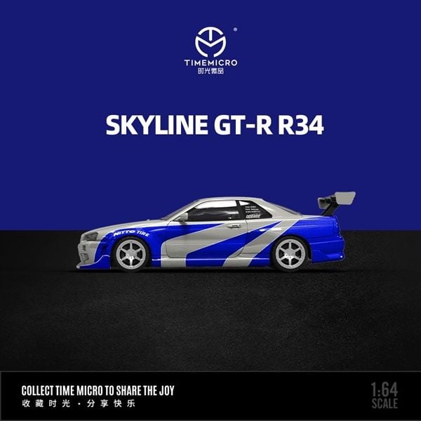  Mô hình xe Nissan SKYLINE GT-R R34 Blue Sliver tỉ lệ 1:64 Time Micro TM800501 