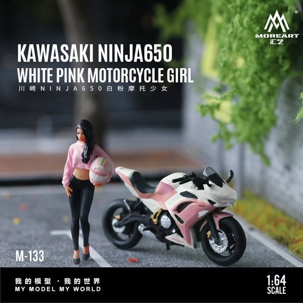 Mô hình nhân vật và mô tô Kawasaki Ninja 650 white pink motocycle girl tỉ lệ 1:64 More Art MO222133 