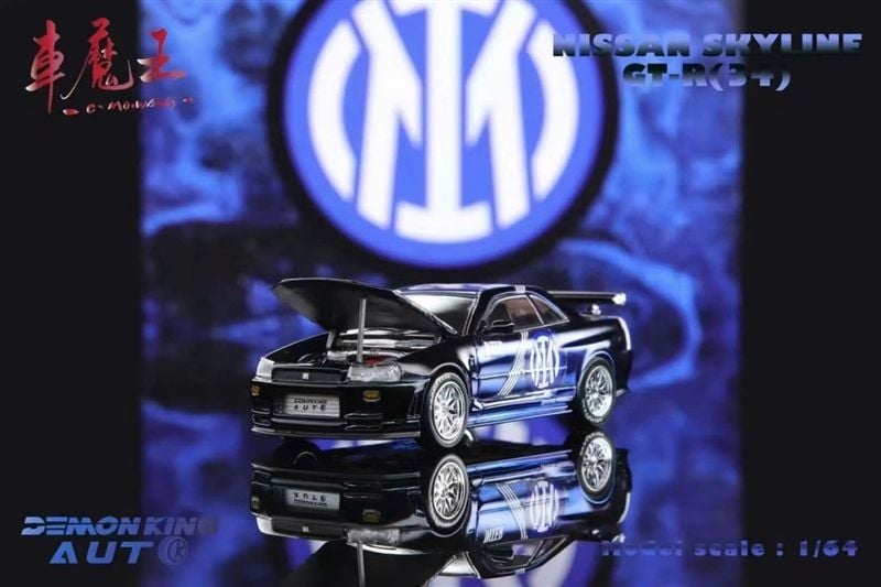 Mô hình xe Nisan Skyline GTR R34 Compioni D'Italia Metallic blue mở được capo tỉ lệ 1:64 Demon king OT64426 