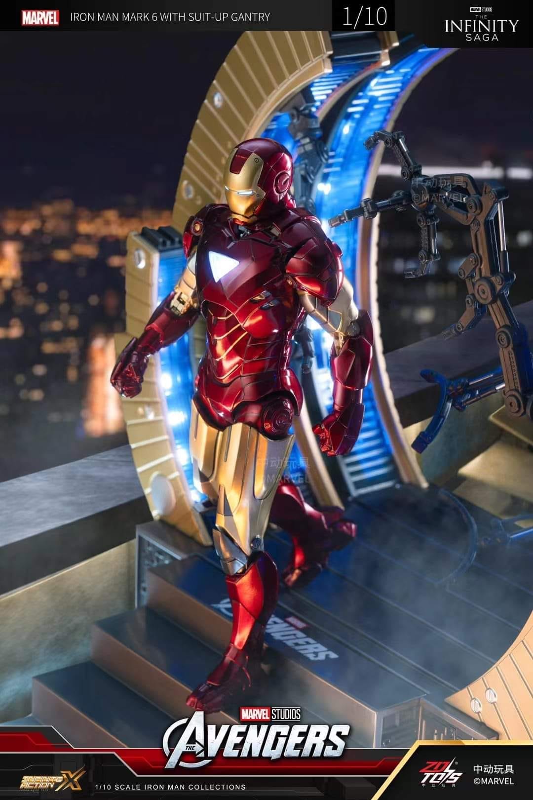  Mô hình nhân vật Marvel Iron man người sắt MK6 Mark 6 Suit-up Grantry có đèn full set phụ kiện + đế SHF tỉ lệ 1:10 18CM ZD Toys FG264 