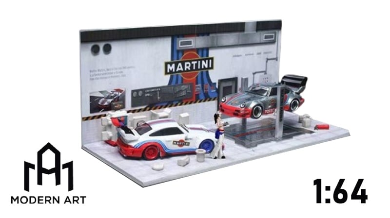  Hộp trưng bày mica xưởng sửa chữa ô tô có bàn nâng , có fig Martini Racing tỉ lệ 1:64 MO641071 