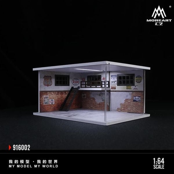 Hộp trưng bày mica mô phỏng nhà sửa xe có đèn Automotive Repair Shop 2 mặt mica kích thước 20x15x10cm tỉ lệ 1:64 MoreArt MO916002 