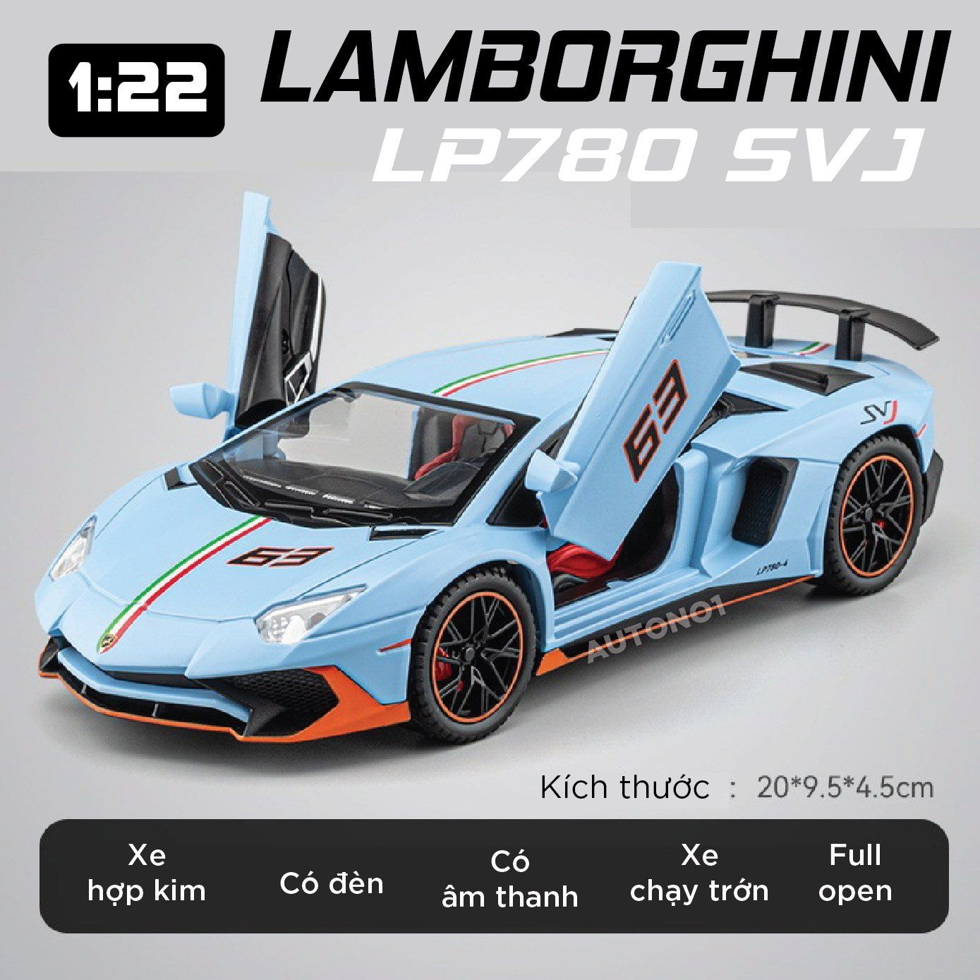  Mô hình xe Lamborghini LP780 Svj tỉ lệ 1:22 Alloy Model OT424 