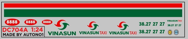  Decal nước cho xe dịch vụ - thương mại Vinasun taxi dán mọi nền màu cho xe mô hình tỉ lệ 1:24 DC704 