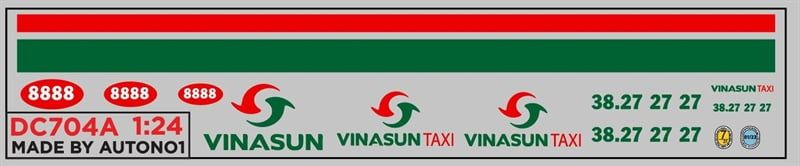  Decal nước cho xe dịch vụ - thương mại Vinasun taxi dán mọi nền màu cho xe mô hình tỉ lệ 1:24 DC704 