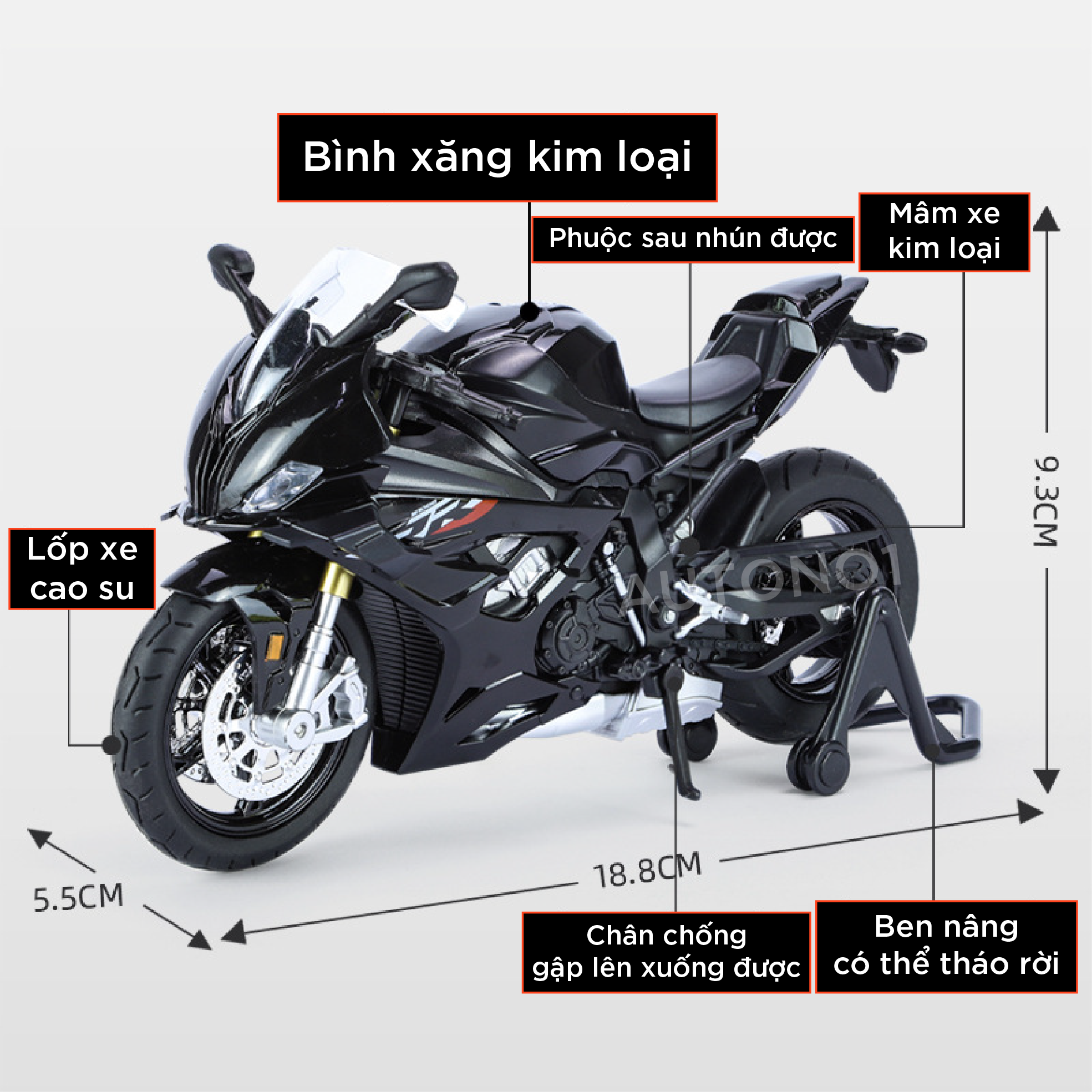  Mô hình xe BMW S1000RR 2024 có cánh gió tỉ lệ 1:12 Huayi Alloy MT070 