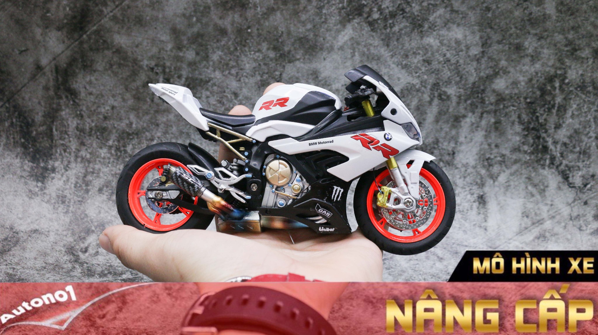  Mô hình xe độ Bmw S1000 2020 White Mâm - Pô 1:12 Autono1 Alloy D160B 