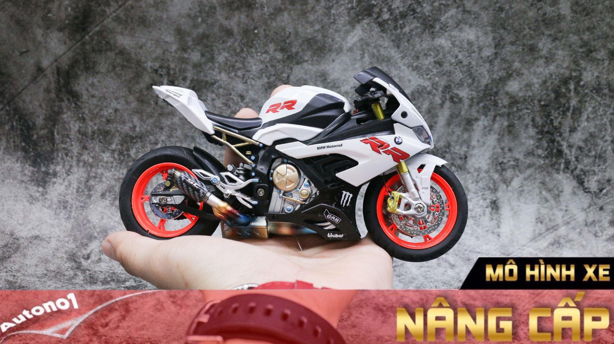  Mô hình xe độ Bmw S1000 2020 White Mâm - Pô 1:12 Autono1 Alloy D160B 