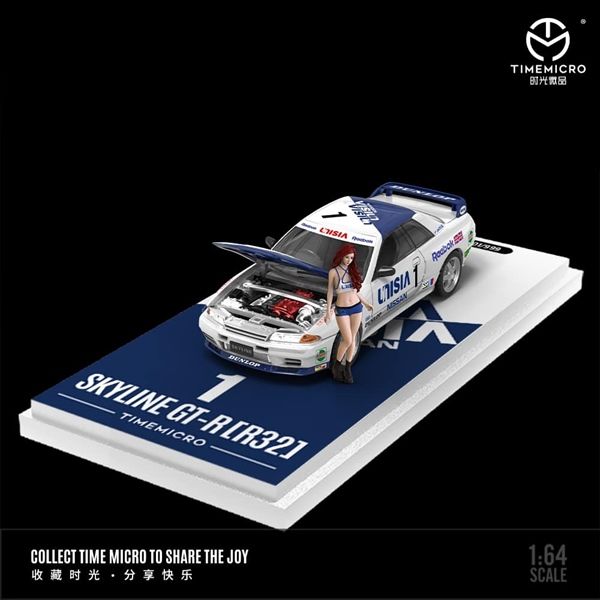  Mô hình xe Nissan GTR R32 White Blue No.1 UNISIA tỉ lệ 1:64 Time Micro TM644140 
