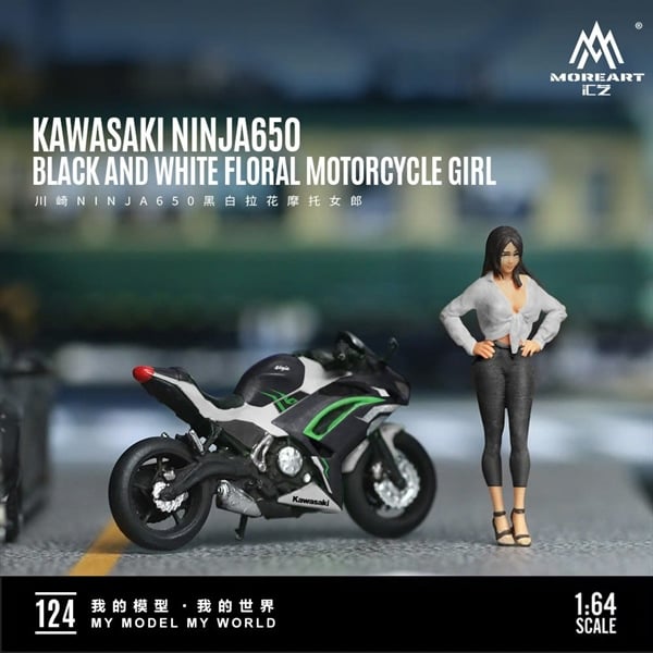  Mô hình nhân vật và mô tô Kawasaki NINJA650 Black and White Floral Motorcycle Girl Simulation Resin Model tỉ lệ 1:64 More Art MO222124 