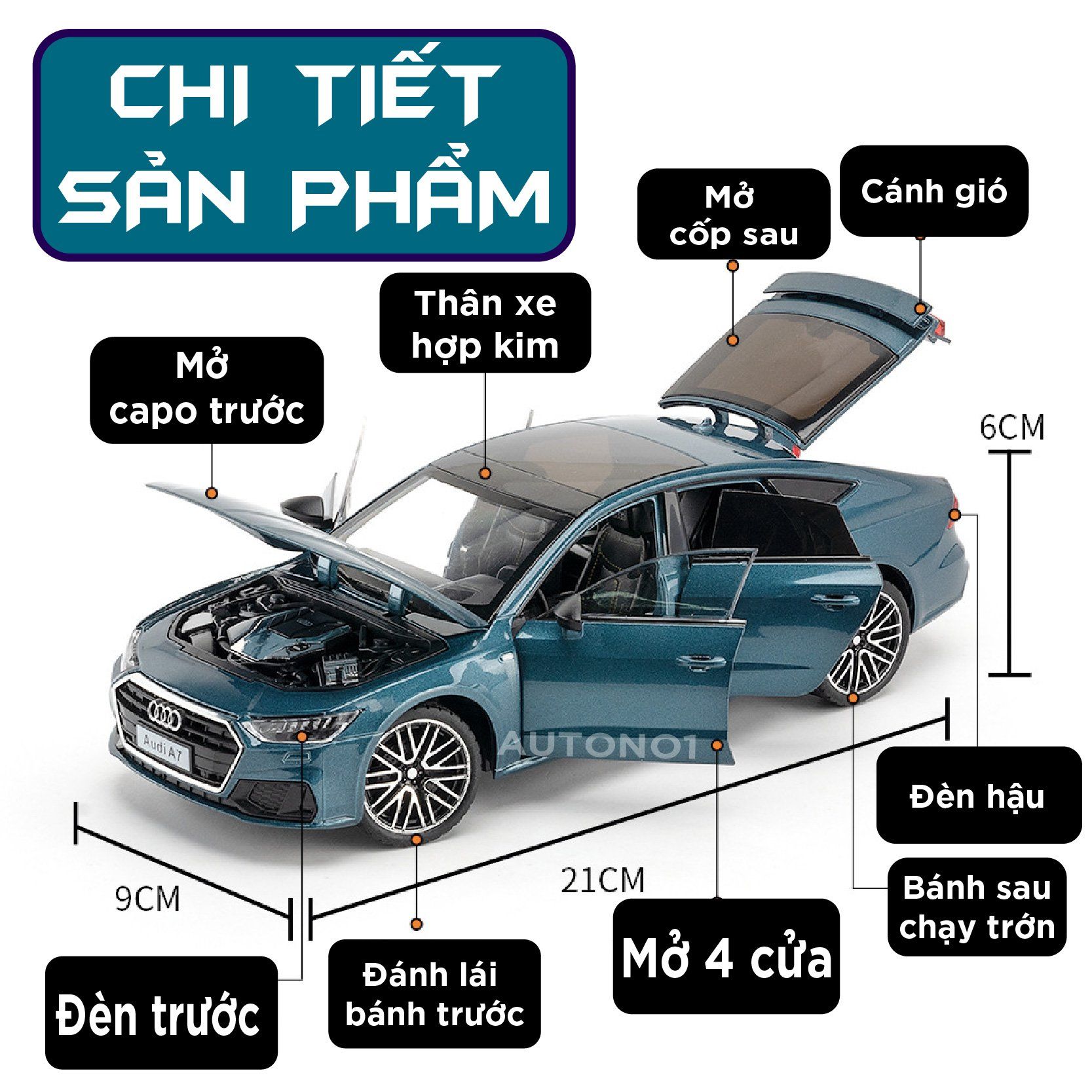  Mô hình xe Audi A7 full open có đèn có âm thanh đánh lái được 1:24 Jinlifang OT366 