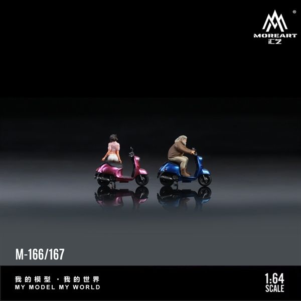 Mô hình nhân vật figure nam chạy xe xanh Deep Blue Retro Pedal Motorbike tỉ lệ 1:64 MoreArt MO222167 