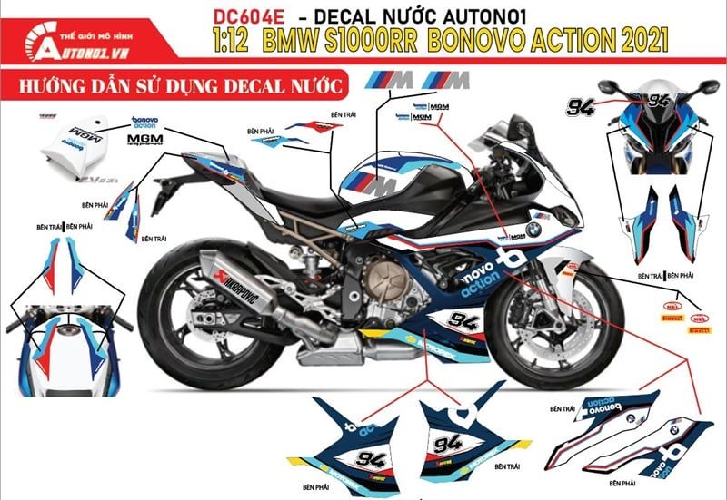 DECAL NƯỚC TEM TRÙM ĐỘ BMW S1000RR BONOVO ACTION 1:12 AUTONO1 DC604E