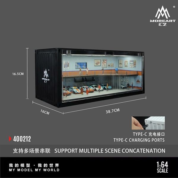  Hộp trưng bày container mô phỏng Garage custom gulf blue orange có tầng - có đèn 38.7x16x16.5cm tỉ lệ 1:64 MoreArt MO400212 