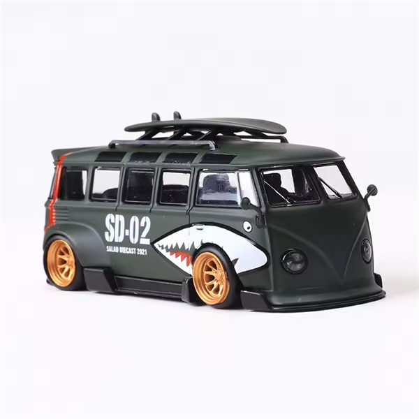 Mô hình xe Volkswagen T1 Van Kombi Matte green Shark Mouth Painting tỉ lệ 1:64 Flame Model OT64067 