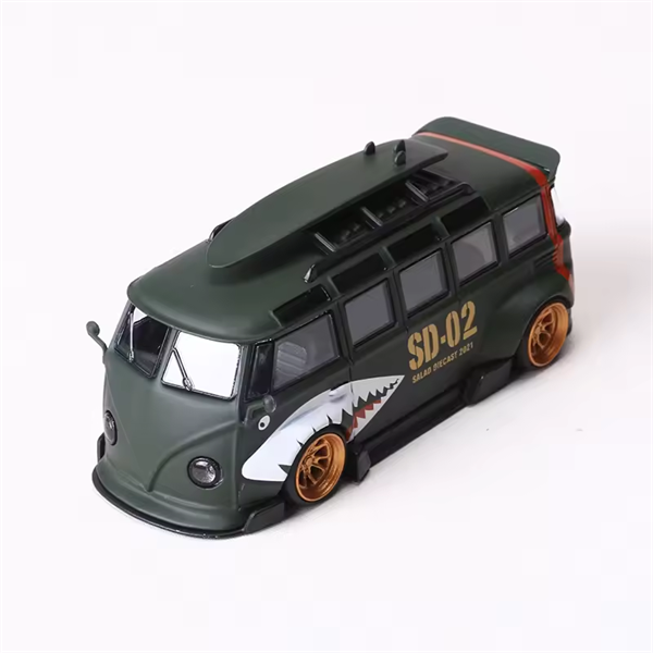  Mô hình xe Volkswagen T1 Van Kombi Matte green Shark Mouth Painting tỉ lệ 1:64 Flame Model OT64067 