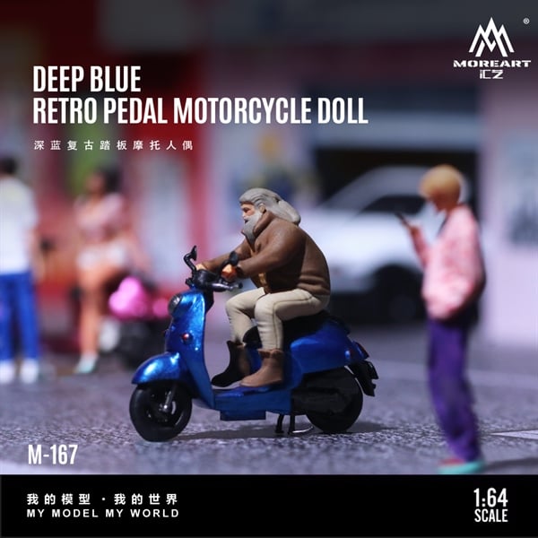  Mô hình nhân vật figure nam chạy xe xanh Deep Blue Retro Pedal Motorbike tỉ lệ 1:64 MoreArt MO222167 