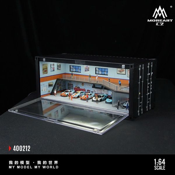  Hộp trưng bày container mô phỏng Garage custom gulf blue orange có tầng - có đèn 38.7x16x16.5cm tỉ lệ 1:64 MoreArt MO400212 
