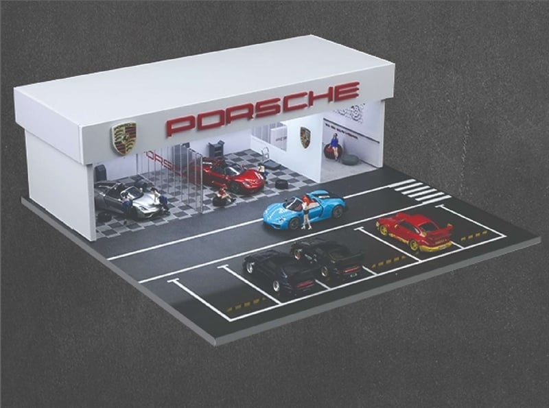  Hộp trưng bày mô phỏng showroom Porsche + bãi đỗ xe có đèn kích thước 30x30x10cm tỉ lệ 1:64 MoreArt MO936106 