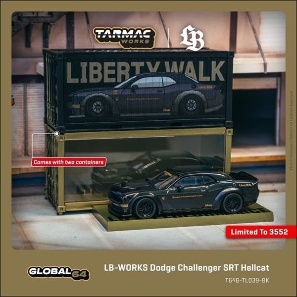  Mô hình xe LB-WORKS Dodge Challenger SRT Hellcat Black Metallic, kèm 2 containers with box tỉ lệ 1:64 Tarmac Works T64G-TL039-BK 