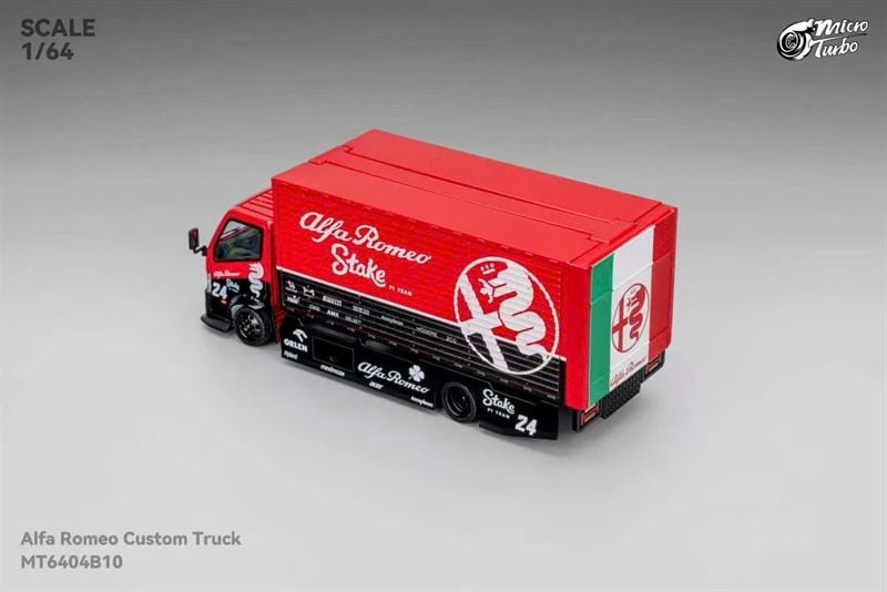  Mô hình xe tải kéo thùng - chở xe Custom truck Alfa Romeo red mở được thùng tỉ lệ 1:64 Micro Turbo MT6404B10 