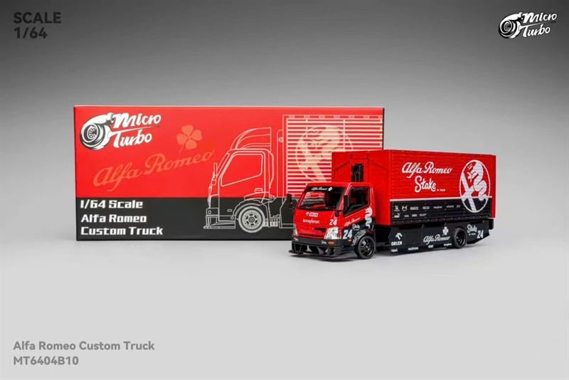  Mô hình xe tải kéo thùng - chở xe Custom truck Alfa Romeo red mở được thùng tỉ lệ 1:64 Micro Turbo MT6404B10 