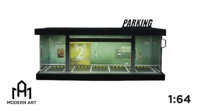  Hộp trưng bày mô phỏng bãi đỗ xe nhà kho có đèn, mica, kèm dây đèn G tỉ lệ 1:64 MoreArt MO960119 