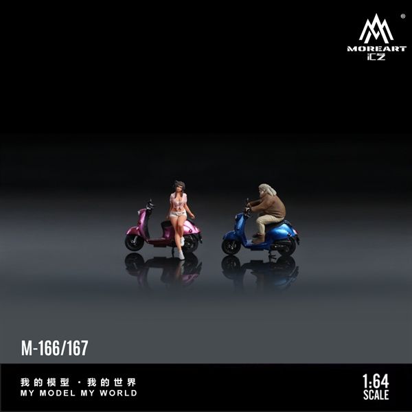  Mô hình nhân vật figure nam chạy xe xanh Deep Blue Retro Pedal Motorbike tỉ lệ 1:64 MoreArt MO222167 