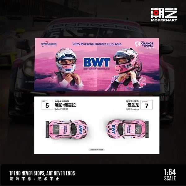  Mô hình xe Set 2 Porsche 911 GT3 CUP(992) BWT Racing #7 - #5 Dylan Pereira - Bao Jinglong tỉ lệ 1:64 MoreArt & YONDA MD647306 