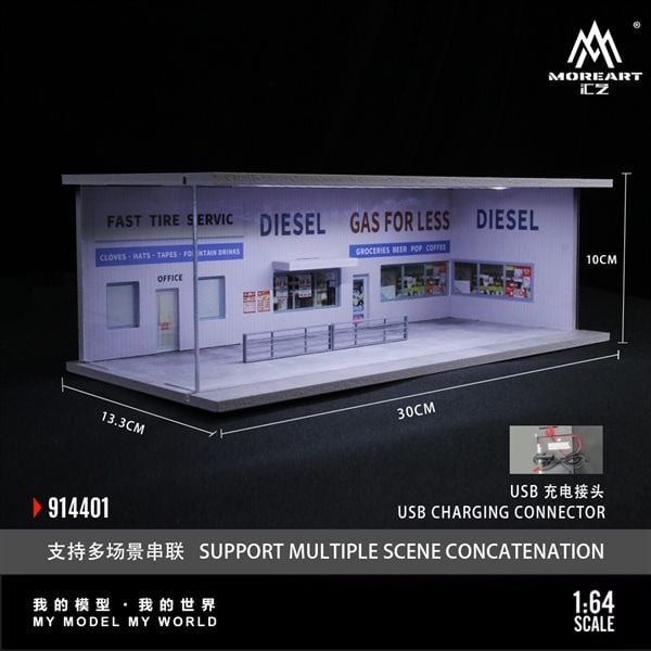  Hộp trưng bày mica mô phỏng American gas station - có đèn kích thước 30x13.3x10cm tỉ lệ 1:64 MoreArt MO914401 