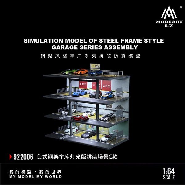  Hộp trưng bày mica mô phỏng bãi đỗ xe 3 tầng có đèn American Model C kích thước 30x15x28.5cm tỉ lệ 1:64 MoreArt MO922006 