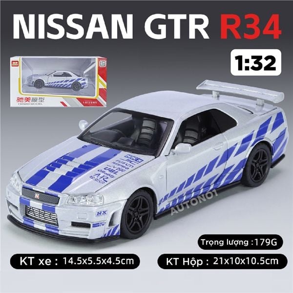  Mô hình xe Nissan GT-R R34 có âm thanh - đèn - full open tỉ lệ 1:32 Chimei model OT459 