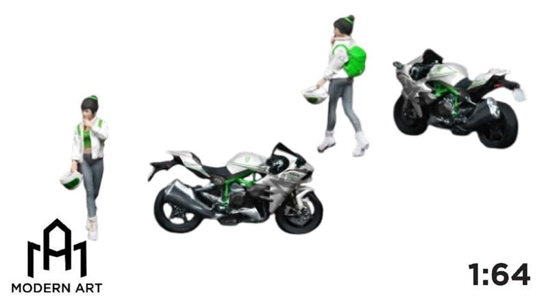  Mô hình nhân vật và mô tô Kawasaki White Floral Girl Motorcycle figure Set tỉ lệ 1:64 modernart More art MO222097 