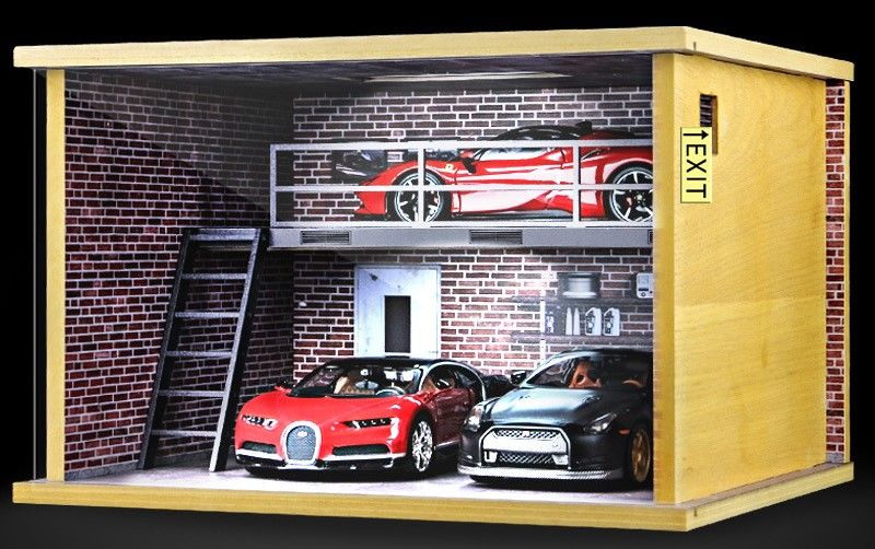  Hộp trưng bày gỗ 2 tầng garage xe tỉ lệ 1:24 - có đèn - có mica 31x26x20cm PK390 771240 