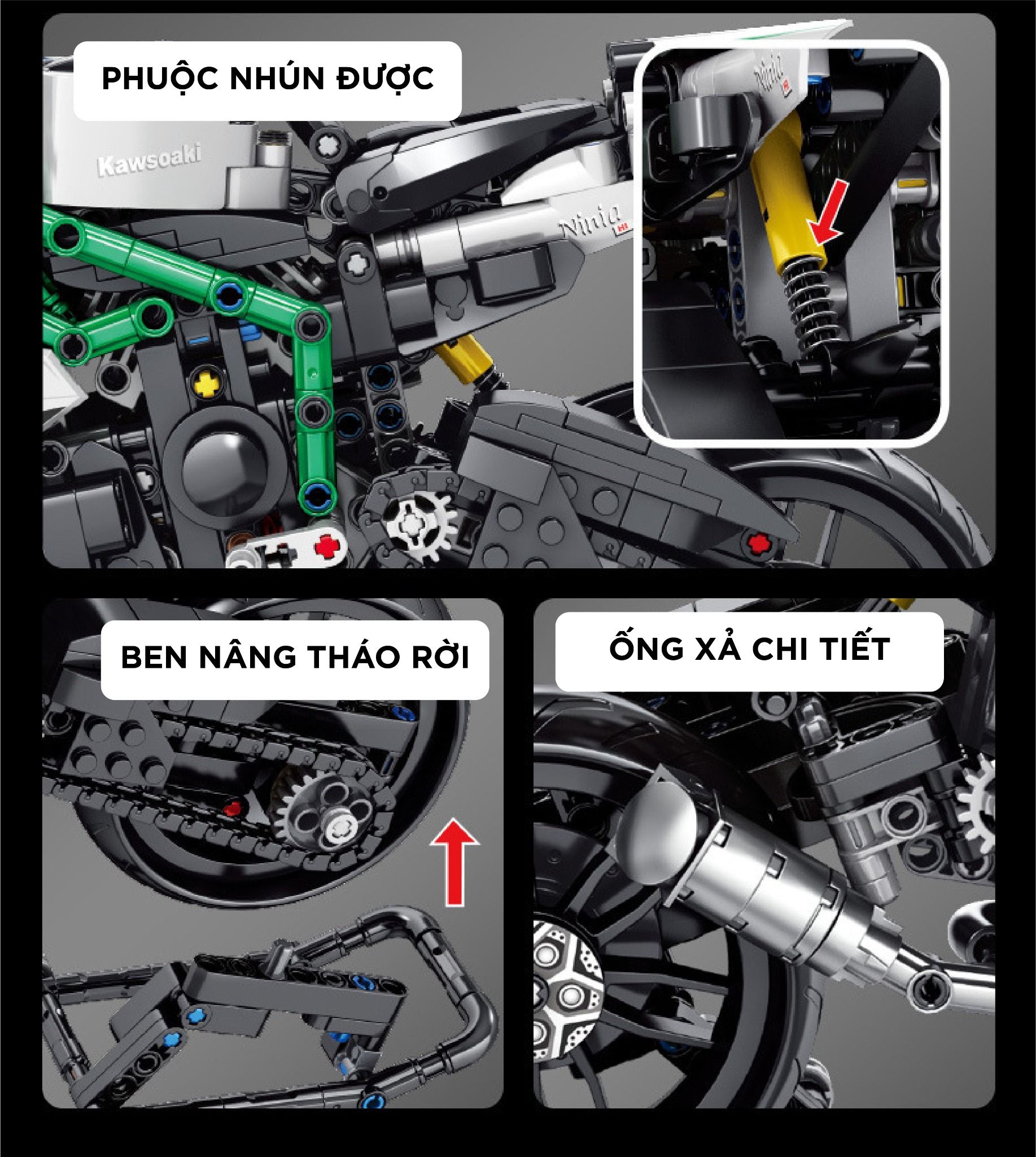  Mô hình xe mô tô lắp ghép Kawasaki Ninja H2R Technic 858 pcs tỉ lệ 1:6 LG006 