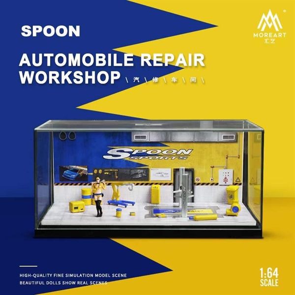  Hộp trưng bày mica xưởng sửa chữa ô tô có bàn nâng , có fig SPOON tỉ lệ 1:64 MO641069 